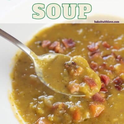 Pin image with text of split pea soup with smoked ham hocks.