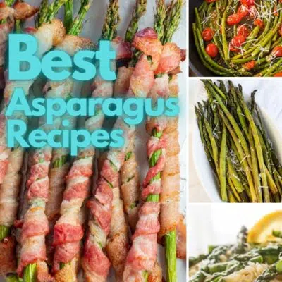 Best asparagus recipes pin with 4 recipes featured in a collage pin with text title.