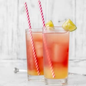 Square image of bay breeze cocktails with lime wedge and straws.