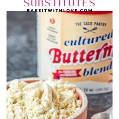 Best buttermilk powder substitute pin with image of powder in a bowl and text title.