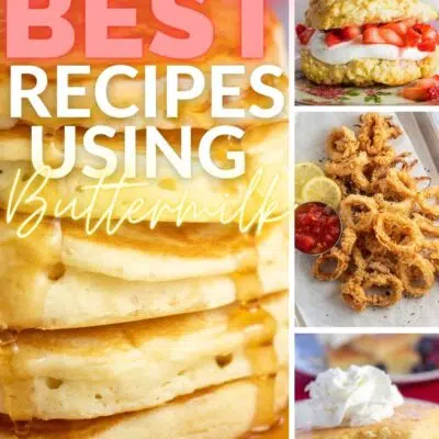 Best buttermilk recipes pin featuring 4 recipe images and text heading.