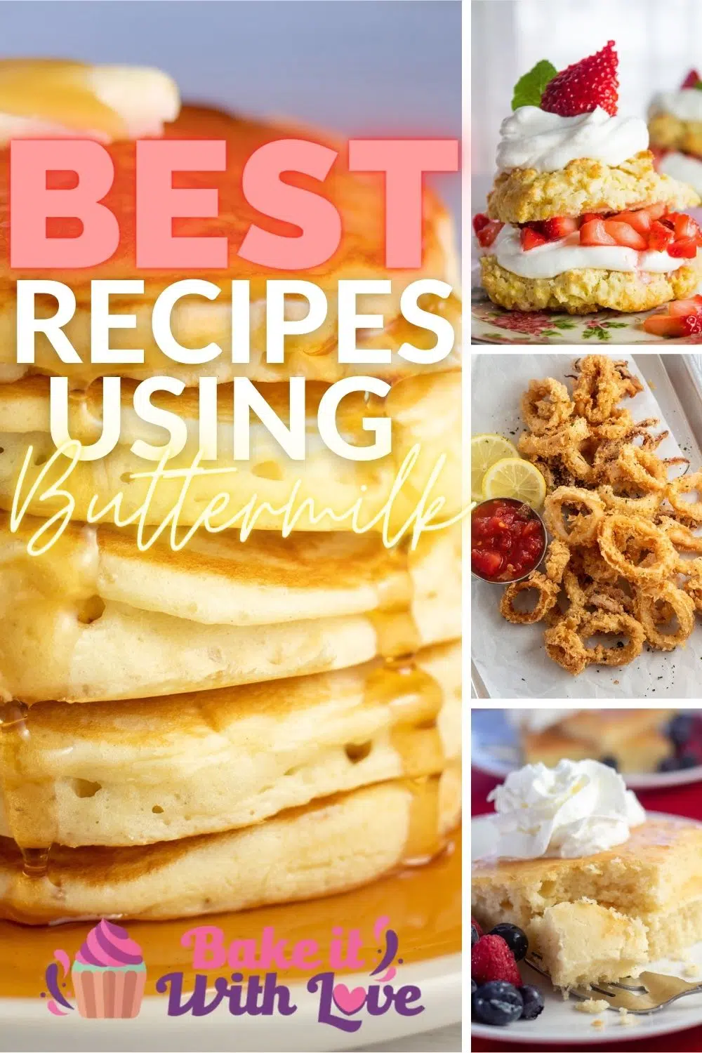 Best buttermilk recipes pin featuring 4 recipe images and text heading.
