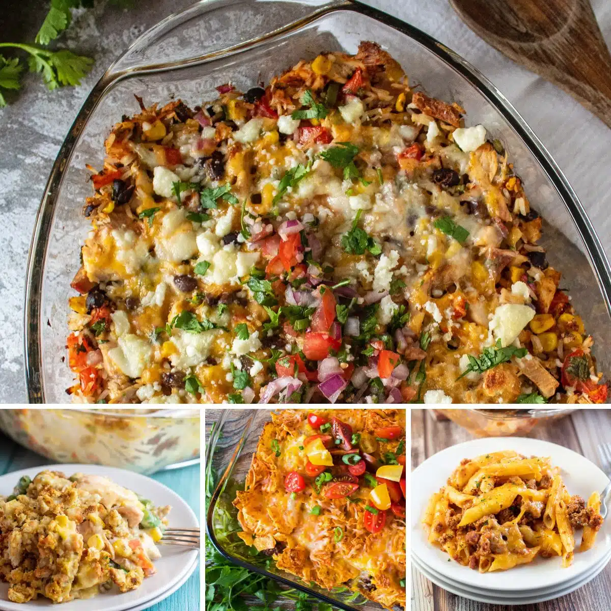 La mejor imagen de collage de recetas de cazuela con 4 recetas sabrosas para preparar cenas familiares.