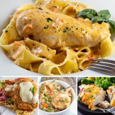 Slika kolaža s najboljim receptima za pileća prsa koja sadrži 4 ukusne ideje za večeru s piletinom.