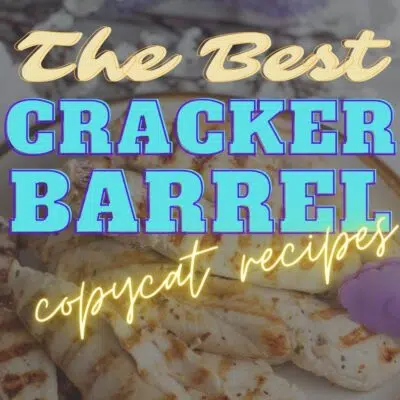 The best Cracker Barrel copycat recipes pin with text title over vignette and chicken tenders image.
