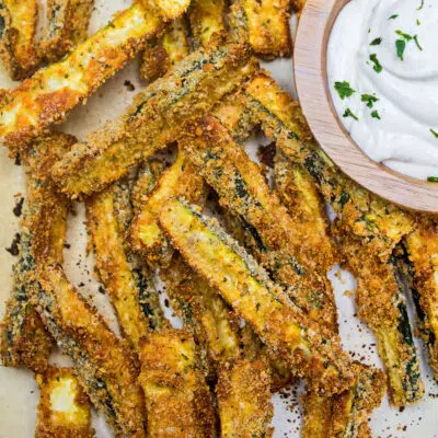 Square image of zucchini fries.