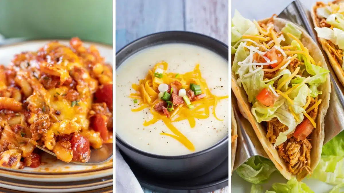 More easy dinner ideas for tonight when you're short on time featuring homemade beefaroni, 4 ingredient potato soup, and shredded chicken tacos.