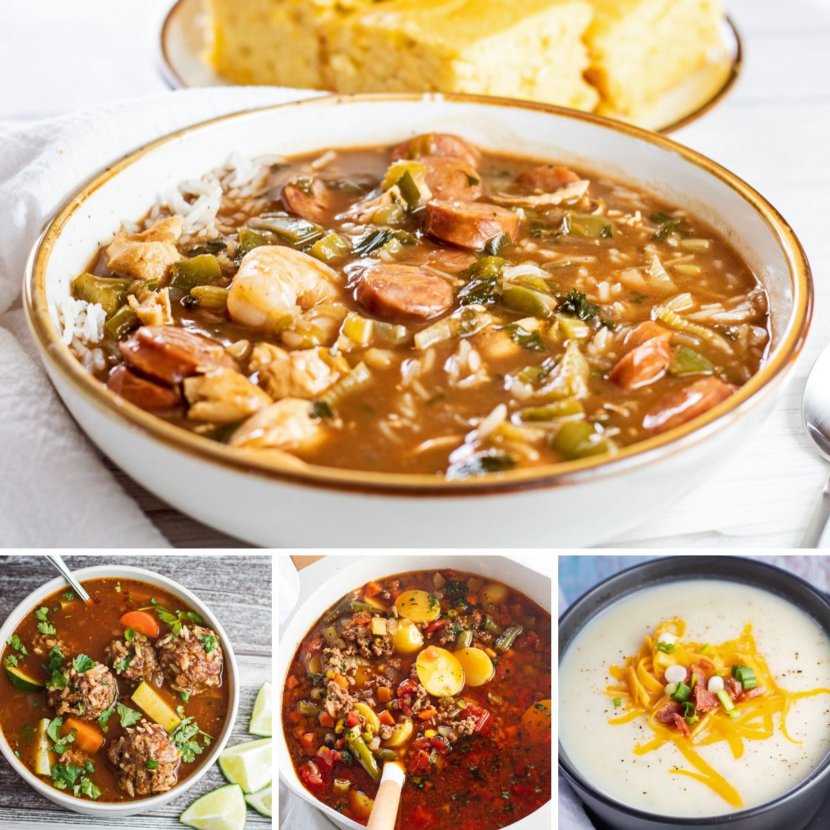 最高の秋のスープレシピコラージュ画像は、ウォーミングアップするための4つの居心地の良いコンフォートフードスープを特徴としています。