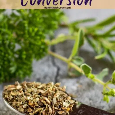 Fresh to dry herb conversion pin with fresh and dried herb image and text header.