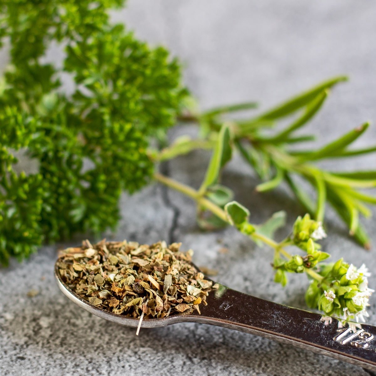 Fresh to dry herb conversion to help make your cooking a snap illustrated with garden fresh herbs and a teaspoon of dried basil.