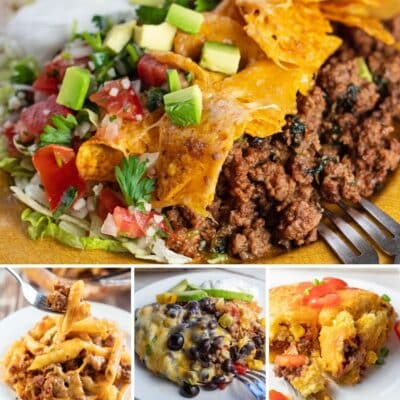 The best ground beef casserole recipes collage image featuring 4 tasty browned hamburger dinner ideas.
