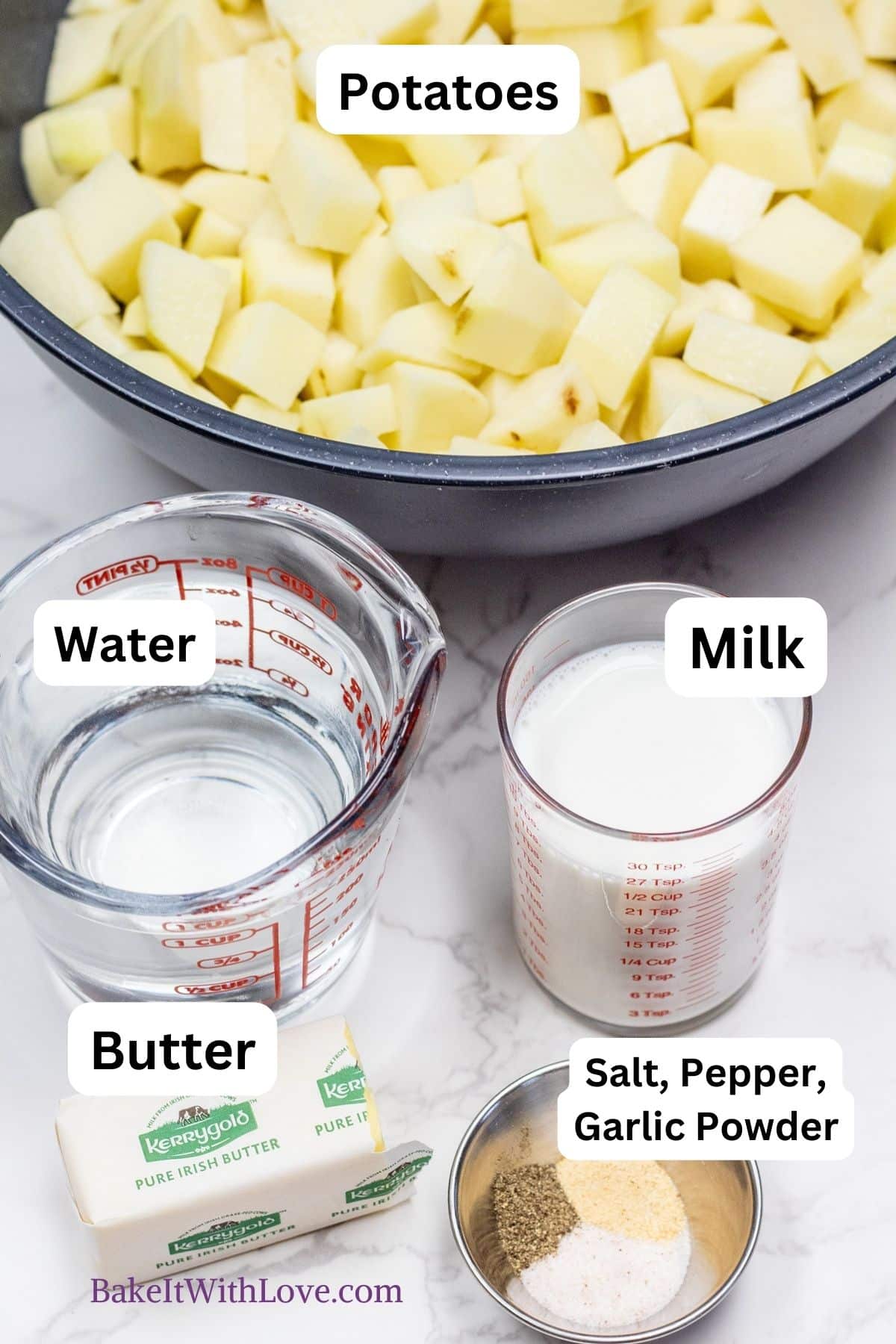 Instant Pot mashed potatoes recipe ingredients peeled, chopped, and measured out with labels.