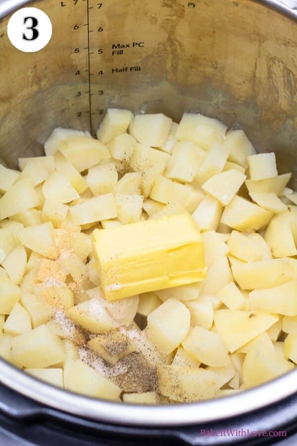 Instant Pot mashed potatoes process photo 3 add butter and seasoning to the cooked potatoes.