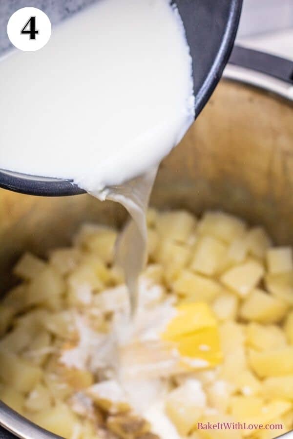 Instant Pot mashed potatoes process photo 4 pour in the scalded milk.