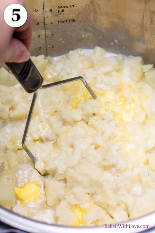 Instant Pot mashed potatoes process photo 5 mash with a potato masher or ricer.