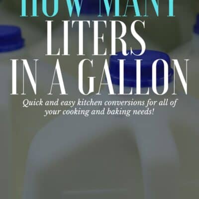 How many liters in a gallon pin with vignette and text title over gallon jugs of milk image.