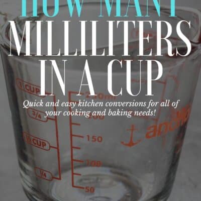 How many milliliters ml in a cup pin with vignette over liquid measuring cup and text title overlay.