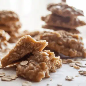 Large square image of peanut butter no bake cookies.