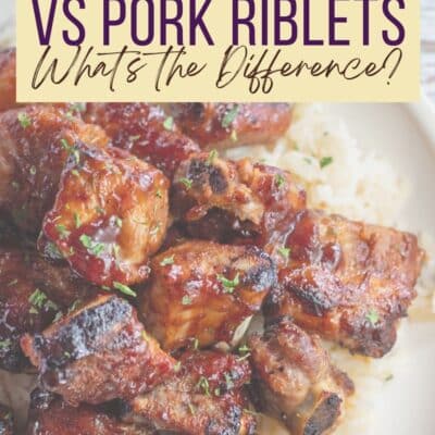 Pork rib tips vs riblets pin with text header over bbq pork rib tips image.