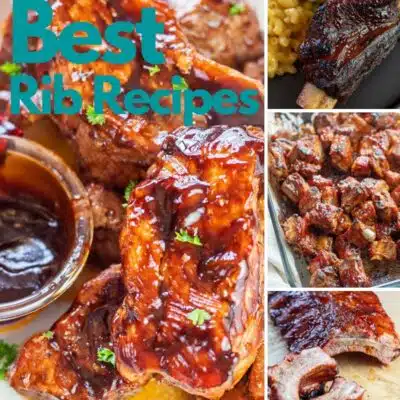 Best rib recipes pin with collage image of 4 recipes and text title overlay.
