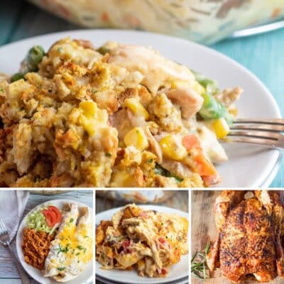 Best rotisserie chicken recipes in collage featuring 4 tasty recipes made with pulled rotisserie chicken.