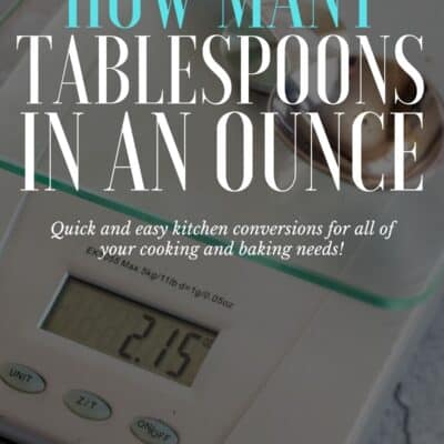 How many tablespoons in an ounce pin with tablespoon on a kitchen scale with vignette and text title overlay.