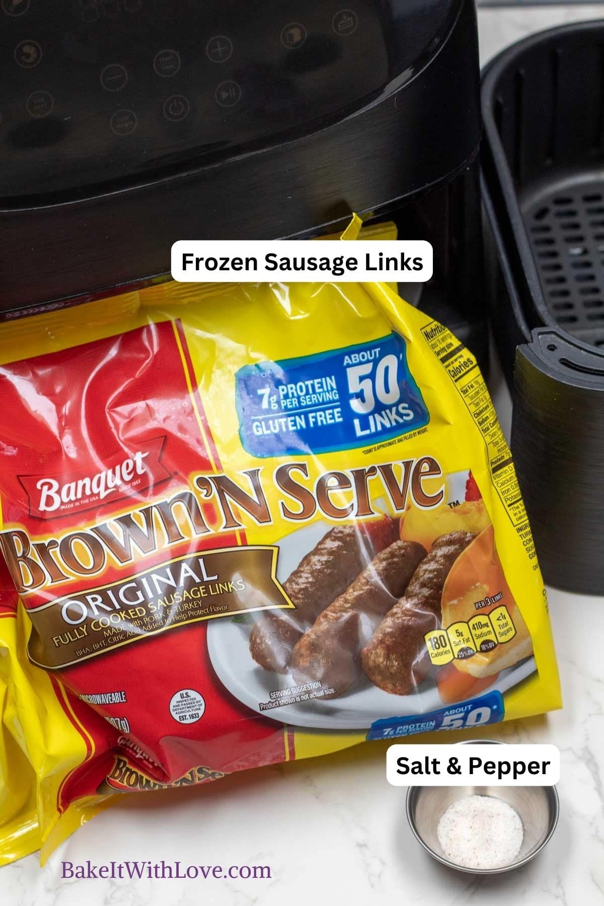 Tall image showing air fryer frozen sausage links ingredients consisting of a bag of frozen sausage links and a bowl of salt and pepper with labels.