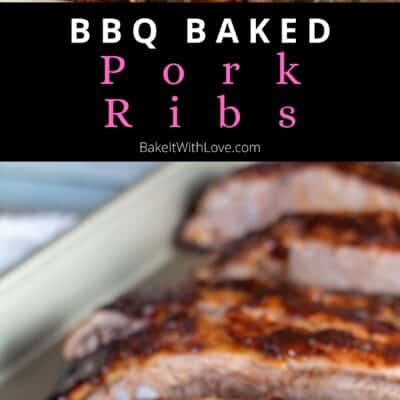 Pin image with text of baked bbq pork spare ribs.