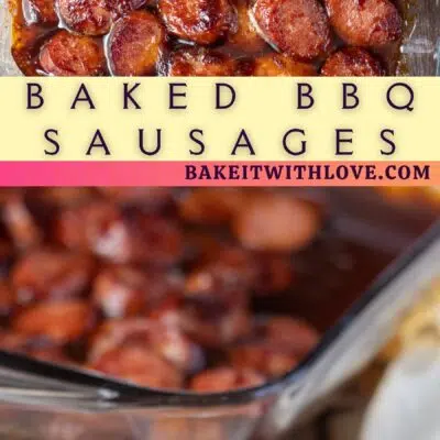 Pin image with text of baked bbq sausages on a white plate.