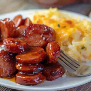 Square image of baked bbq sausages on a white plate.
