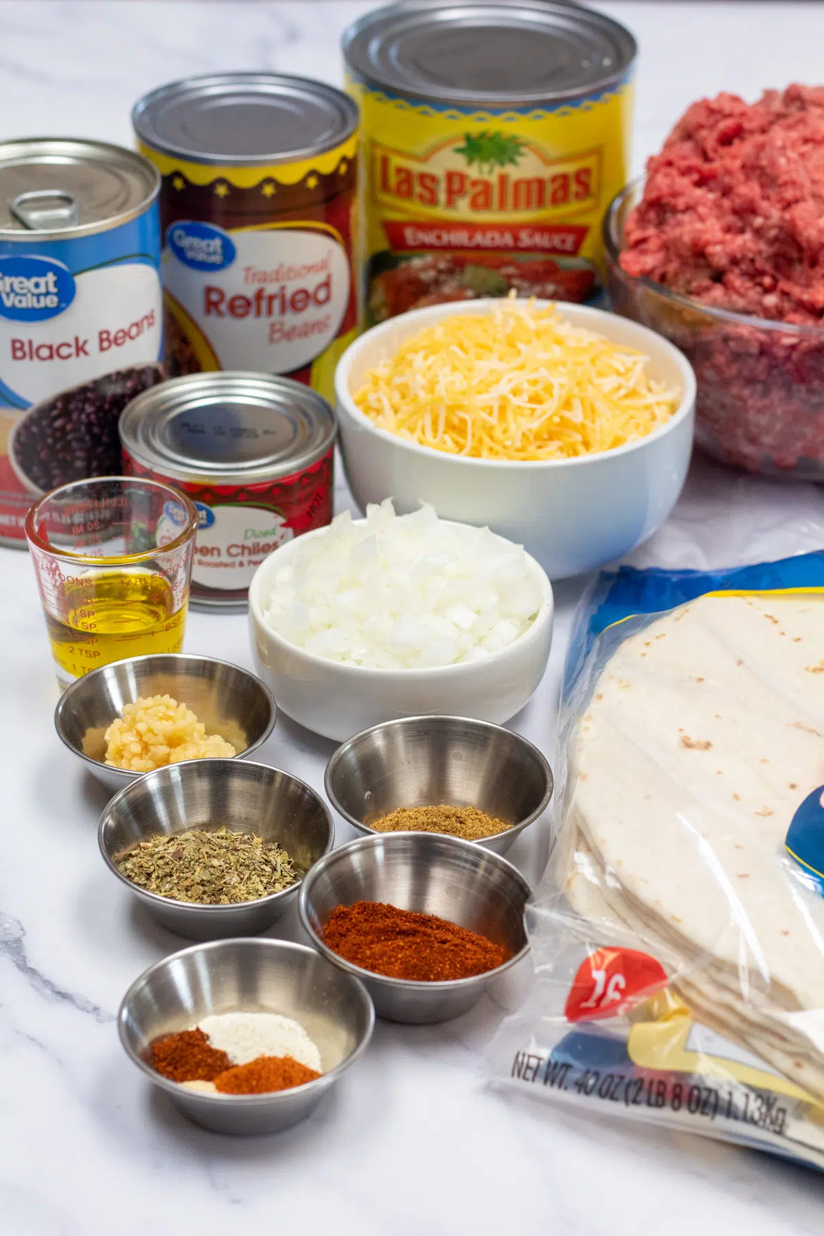 Photo showing ingredients needed for beef enchiladas.