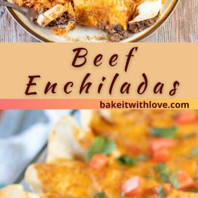 Pin image with text of beef enchiladas.