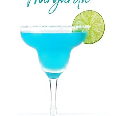 Pin image with text of a blue margarita with lime.
