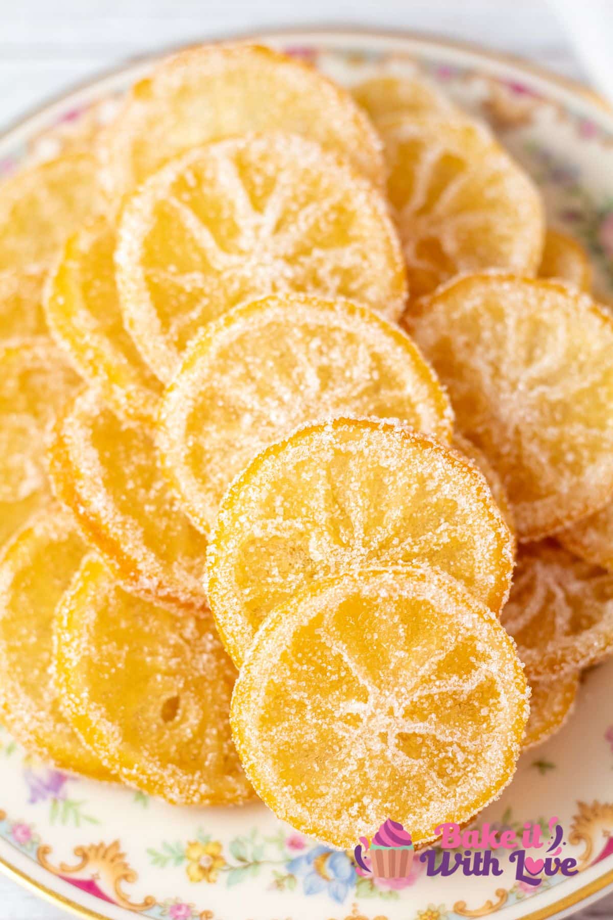 Tall image of candied lemon slices.
