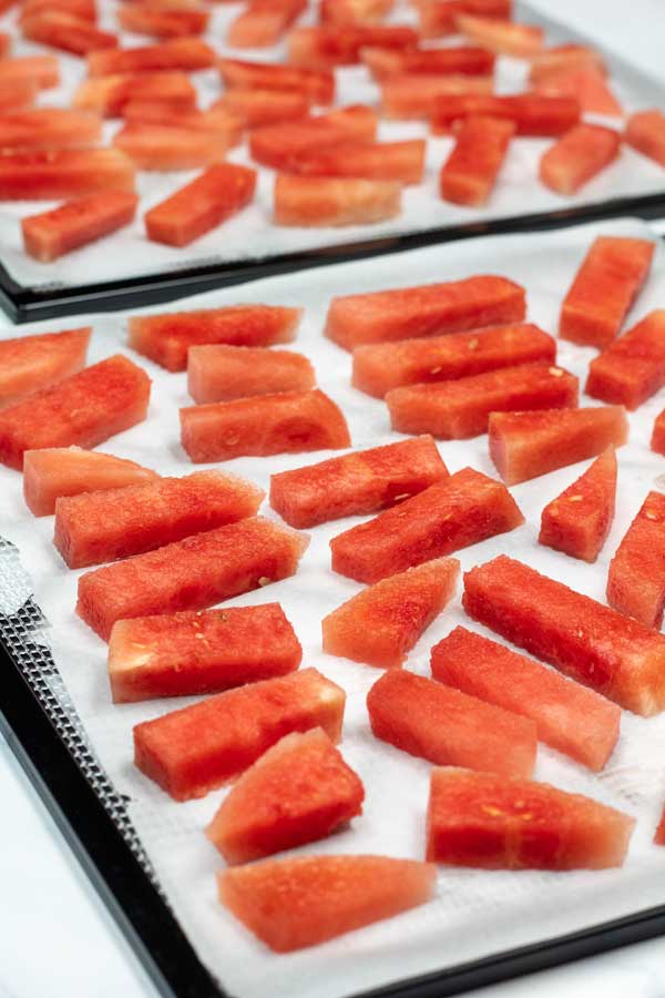 Process photo 3 place the cut watermelon pieces onto a parchment paper or fruit leather liner on trays or racks.