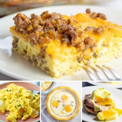 Koláž receptů na nejlepší vaječné snídaně se 4 vybranými pokrmy.