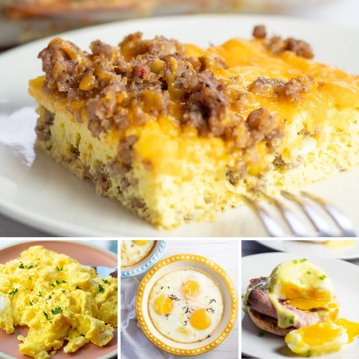 El mejor collage de recetas de huevos para el desayuno con 4 platos destacados.