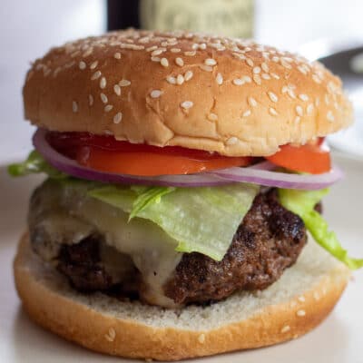 Square image of a elk burger.