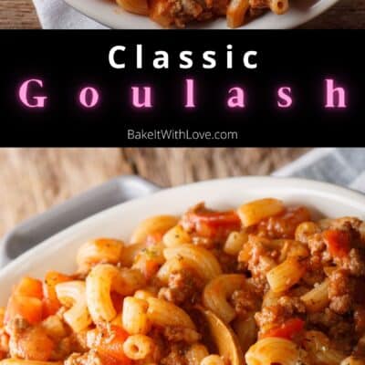 Pin image with text of goulash in a white dish.