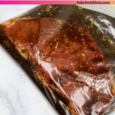 Pin image with text showing London broil marinade.