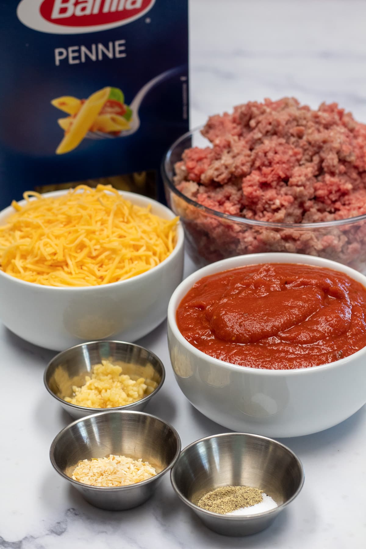 Photo showing ingredients needed for ground beef casserole.