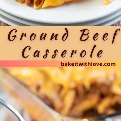 Pin image with text divider of ground beef casserole.