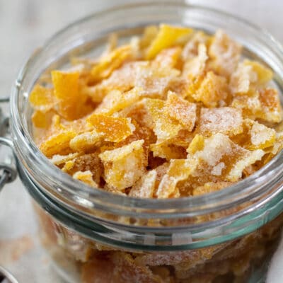 Easy mixed peel chopped after drying with a coating of sugar then stored in a glass jar.