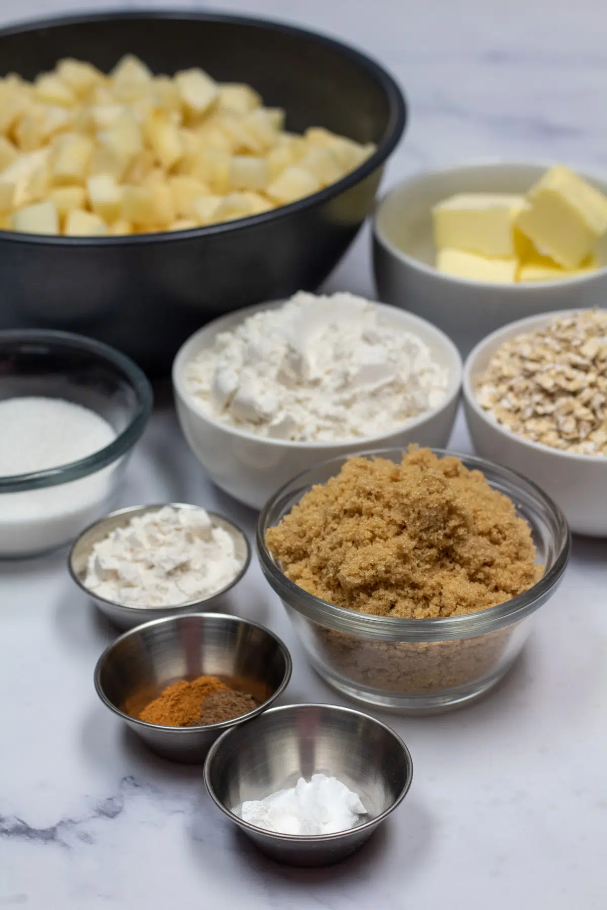 Photo showing all the ingredients you need to make a pear crisp.