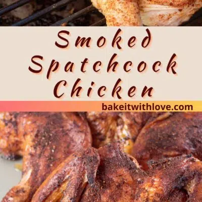 Pin image with text of smoked spatchcock chicken.