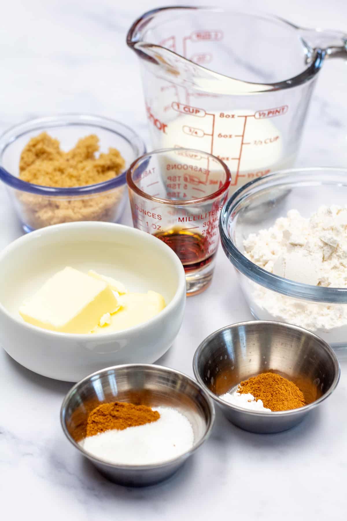 Photo showing ingredients needed for snickerdoodle mug cake.