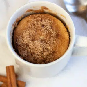 Close up square image of snickerdoodle mug cake.