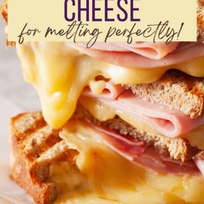 The best cheese for melting pin with sandwich and melted cheese image with text header.