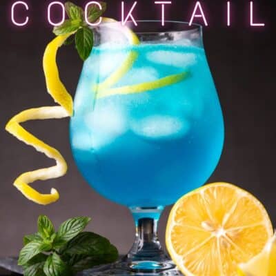 Best blue lagoon cocktail drink recipe pin with neon lettering for the header.