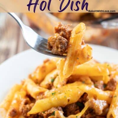 Casserole vs hotdish classic dishes pin with text heading over ground beef casserole image.